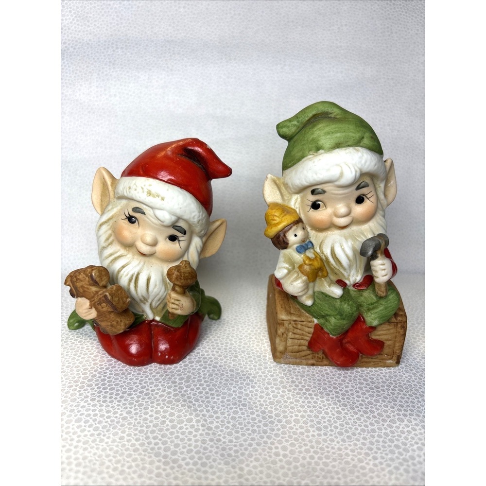 Adorable HOMCO CHRISTMAS ELVES Figurines lot Of 2 Toy Makers, Vintage.